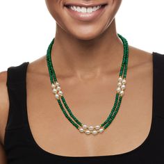 Ross-Simons - 110.00ct t. w. Emerald Bead, 7-8mm Cultured Pearl Two-Strand Necklace, 14kt Yellow Gold. 20". Rich, faceted rondelles join with 7-8mm cultured freshwater pearls in this beaded double strand. The necklace stations oval pearls with 110.00 ct. t. w. emerald beads and finishes with 14kt yellow gold spacers and a filigree fishhook clasp. White pearl and emerald bead necklace. Emerald birthstones are the perfect gift for May birthdays. Necklace Emerald, Emerald Birthstone, Necklace Tutorial, Emerald Bead, Freshwater Cultured Pearls, Green Necklace, Strand Necklace, White Pearl, Cultured Pearls