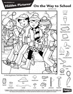 the hidden pictures on the way to school coloring page is shown in black and white