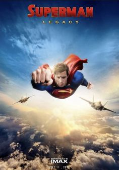 superman is flying through the sky with his hands in the air