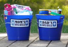 two buckets filled with personal care items sitting on top of a wooden table next to each other