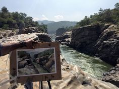 a man holding up a painting on top of a rock next to a river filled with water