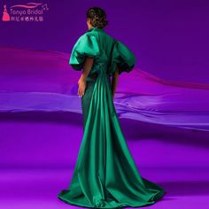 Dark Green Satin Cape Short Puff Sleeved Fashion Jacket With Short Train  ZJ089 Dramatic Sleeves, Green Pictures, Oversized Sleeves, Oversize Sleeves, Wedding 2024, Stylish Party, فستان سهرة, Column Dress, Luxury Dress