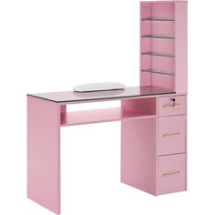 a pink desk with glass shelves and drawers