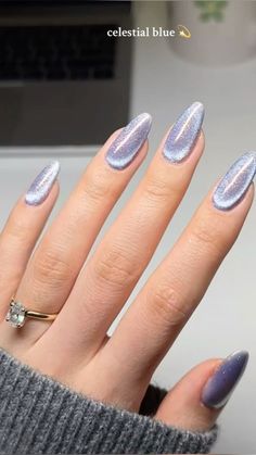 Nail Trend 2024 Winter, Light Blue Velvet Nails, Blue Winter Gel Nails, Winter Nails Cat Eye, Baby Blue Cat Eye Nails, Blue Cats Eye Nails, Cat Eye Winter Nails, Cute Simple Winter Nails, Light Blue Cat Eye Nails