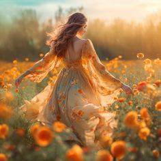 a woman in a yellow dress walking through a field full of orange and white flowers