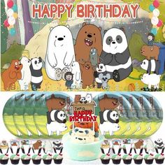 a birthday party with cupcakes, cake and cartoon characters on the front cover