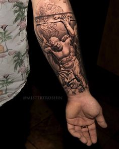 Greek Atlas Tattoo, Atlas Tattoo Forearm, Greek God Bicep Tattoo, Roman Tattoo Sleeve Greek Gods, Zeus Inner Bicep Tattoo, Greek God Arm Sleeve, Greek Full Sleeve Tattoo