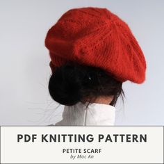 a woman wearing a red knitted hat with the words knitting pattern written below it