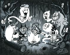 some cartoon characters sitting around a campfire