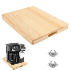 a coffee maker and three pieces of wood