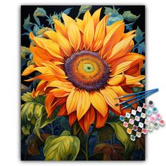 an oil painting of a sunflower with paintbrushes