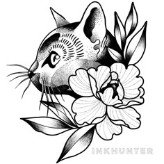 a black and white drawing of a cat with flowers