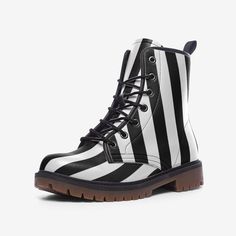 Black White Stripes Boots Combat Boots Vegan Leather Lace up boots Custom Boots Black and White Stripe Rave Boots Festival Footwear Rubber sole Faux Leather Padded collar for added comfort Lace-up front Wide Fit PROCESSING : -Your Boots are made to order, meaning we print them special just for you when your order is placed. Please allow 2 - 7 business days for us to print your Boots. -The average shipping time is 7 - 20 business days depending on the delivery destination. Black N White Boots, Casual Black High-top Mid-calf Boots, Casual Round Toe Heeled Boots For Streetwear, Casual High Heel Moto Boots In Faux Leather, Punk High-top Faux Leather Boots, Punk Style High-top Faux Leather Boots, High-top Faux Leather Boots For Streetwear, Casual High-top Heeled Boots For Streetwear, Casual High Heel Boots For Outdoor