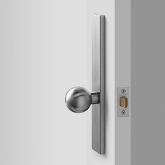 an open door with a handle on the front and side panels to the outside, in grey tones