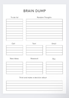 Collecting one's thoughts, ideas, plans and to do list can be hard to start. This planner is the perfect way to start little by little creating a picture of what you need to do.  This planner will help you to organise your thoughts and plans together. Never be stuck again you can categorise each thing you need to do, research, emails to send, calls to make, meals to eat and the random thoughts you may have. Keep them all in the same place.  Brain Dump Printable,Thought Organizer, ADHD brain dump Organization For Add Adults, Braindump Template, Thought Organizer, Thought Tracker, Brain Dump Template, Thought Journal, Planer Organisation, Analysis Paralysis, Studie Hacks