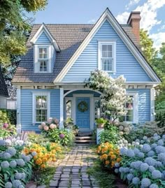 a blue house surrounded by flowers and greenery in the front yard with a pathway leading to it