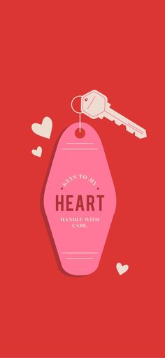 a pink heart shaped tag with a key hanging from it's end on a red background