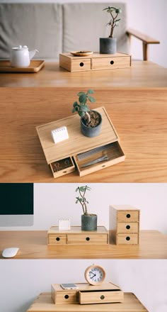 three different views of a wooden table with drawers