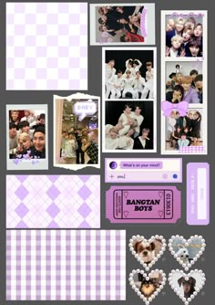 a collage of photos with hearts and pictures on the bottom right side, in purple