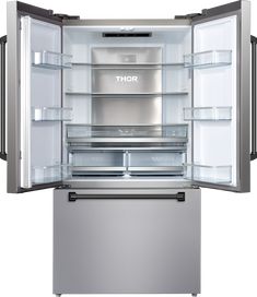 an open refrigerator with its door wide open and it's light on, revealing the interior