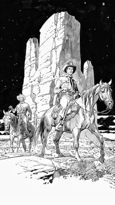 black and white drawing of cowboys on horses in front of an old stone structure at night