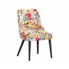 an upholstered chair with colorful flowers on the back and black legs, against a white background