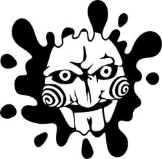 a black and white drawing of an evil face with splats on it's head