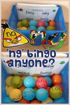 an open box filled with lots of colorful balls next to a sign that says ng's ringo anyone?