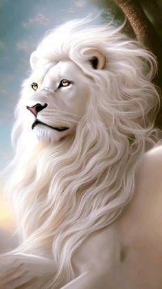 a painting of a white lion with long hair