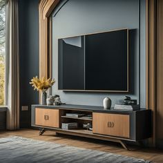 a living room with a large mirror on the wall and a wooden entertainment center in front of it