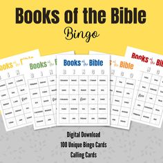 books of the bible bingo game with four different cards and numbers on each side, including one