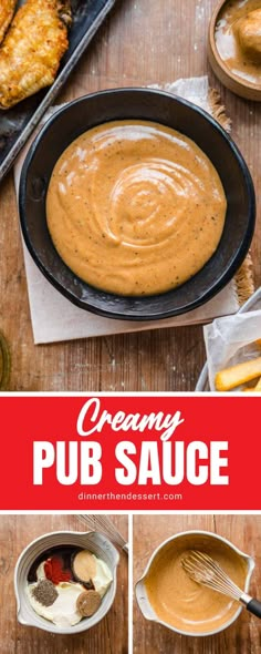 creamy pub sauce in a cast iron skillet on a wooden table with other ingredients