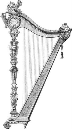 an ornately decorated harp is shown in this engraving from the 19th century, vintage line drawing or engraving illustration