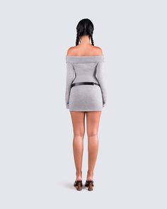 Chic, and cozy is the best duo ever 🤍 This two-piece ensemble features a grey sweater mini dress, paired with a black faux leather ring belt for a look that will have you looking and feeling good everywhere you go 😛 Chic Gray Mini Sweater Dress, Chic Gray Mini Dress For Winter, Chic Gray Mini Dress For Day Out, Gray Mini Dress For Fall Night Out, Grey Dress Outfit, Off The Shoulder Sweater Dress, White Corset Dress, Sweater Mini Dress, Yellow Mini Dress