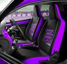 the interior of a car with purple and black seats