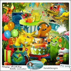 a birthday card with an image of pokemons and other things in the background, including balloons