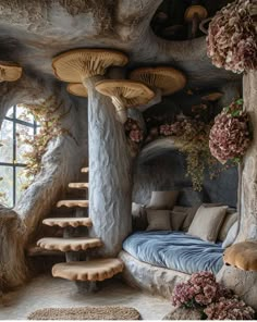 a living room filled with lots of furniture and mushrooms on the walls, along with flowers