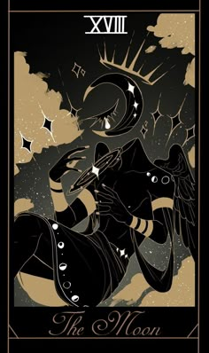 the moon tarot card is shown in gold and black