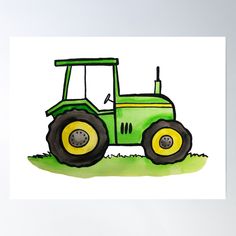 a drawing of a green tractor in the grass poster by artfuls on devie