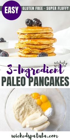 pancakes with blueberries, bananas and eggs on top are shown in this collage