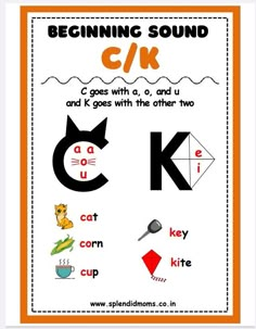 an orange and white poster with the words beginning sound, c / k on it