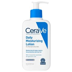 Developed with dermatologists, CeraVe Daily Moisturizing Lotion for Face and Body has a unique, lightweight formula that provides 24-hour hydration and helps restore the protective skin barrier with three essential ceramides (1,3,6-II). The formula also contains hyaluronic acid to help retain skin's natural moisture.The daily moisturizing lotion utilizes patented MVE controlled-release technology to help replenish ceramides and deliver long lasting moisturization. #1 Dermatologist Recommended Mo Cerave Daily Moisturizing Lotion, Cerave Moisturizer, Cerave Moisturizing Lotion, Dry Skin Body Lotion, Daily Moisturizing Lotion, Dermatologist Recommended Skincare, Lotion For Dry Skin, Oil Free Moisturizers, Moisturizing Lotion