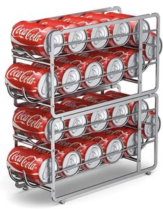 a metal rack filled with cans of coca - cola on top of each other in front of a white background