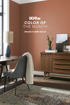 Warm up your walls with Orange Flambe, the October Color of the Month. This autumnal hue radiates confidence and comfort year round. Orange Flambe Behr Room, Orange Paint Colors, Behr Colors, Color Of The Month, Paint Colors For Living Room, Room Paint, Room Colors