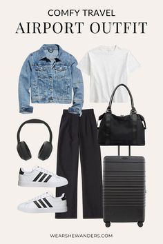 Sport Travel Outfit, Travel Jeans Outfit, Outfits For Sightseeing, Airport Outfit Comfy Travel Style, Flying Clothes, Outfits For Traveling, Classy Airport Outfit, Travelling Outfits, Airport Outfit Comfy