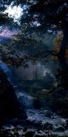 a person standing on a bridge over a stream in the woods with sunlight streaming through the trees