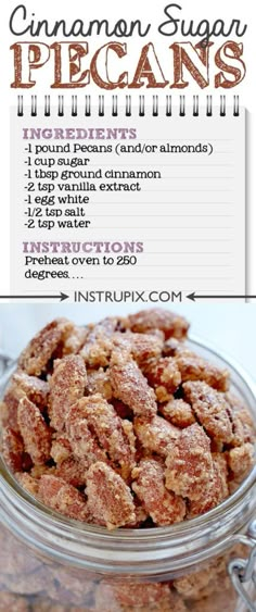 cinnamon sugar pecans recipe in a glass jar with instructions on the side and below