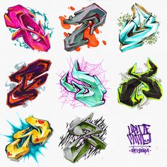 graffiti alphabets and numbers drawn with colored ink on white paper, including the letter s