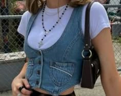 Cute Denim On Denim Outfits, 70s Denim Vest Outfit, Small Vest Outfit, Lizzy Mcalpine Concert Outfit Ideas, Midwest Princess Outfit, 80s Aesthetic Fashion Retro, Y2k Vest Outfit, Denim Waistcoat Outfit, Denim Waistcoat Outfit Woman