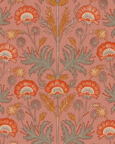 an orange and green wallpaper with flowers on the bottom half of it, in shades of red